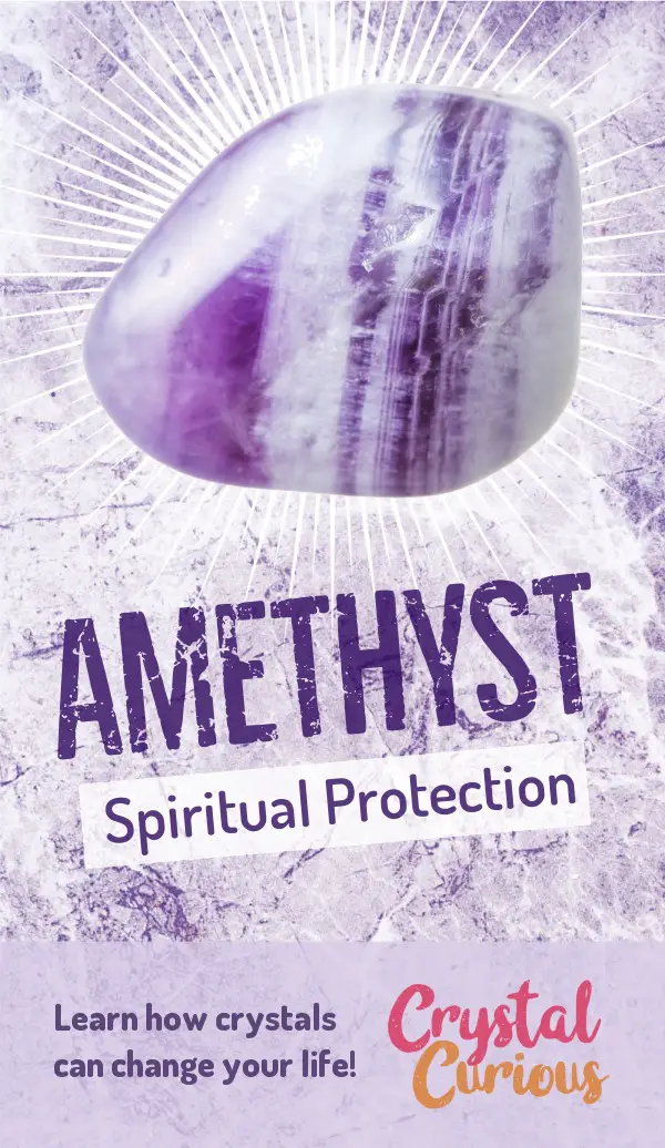 Amethyst Meaning & Healing Properties. Amethyst helps you hear Divine guidance while protecting you from negative energy & supporting emotional balance. Learn  all the crystal & gemstone properties and crystal healing for beginners at CrystalCurious.com. Positive energy, chakra healing, vibrational energy, stone meanings, crystal therapy. #newage #crystalhealing #positiveenergy #crystals #gemstones #energyhealing #crystalcurious
