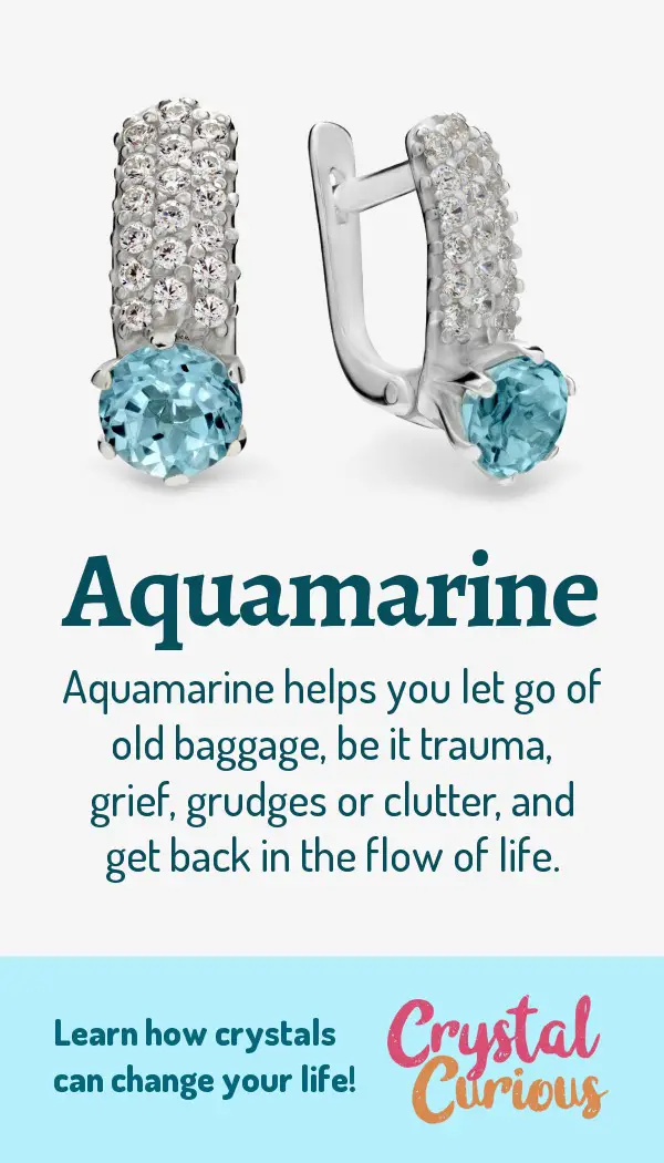 Aquamarine Meaning & Healing Properties. Aquamarine helps you let go of old baggage, be it trauma, grief, grudges or clutter, and get back in the flow of life. Learn  all the crystal & gemstone properties and crystal healing for beginners at CrystalCurious.com. Create positive energy and learn new age healing techniques with crystal therapy. #crystals #crystalhealing #newage  #positiveenergy  #gemstones #energyhealing  #crystalcurious