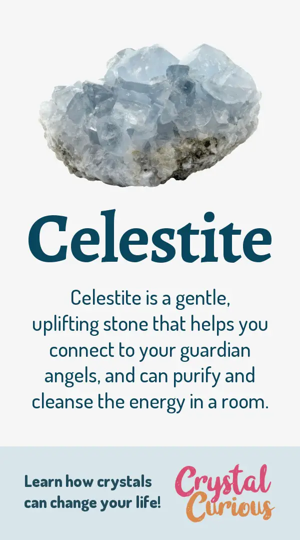 Celestite Meaning & Healing Properties. Celestite is a gentle, uplifting stone that helps you connect to your guardian angels, and can purify and cleanse the energy in a room. Learn  about healing crystals for beginners and gemstones properties at CrystalCurious.com. Create positive energy and learn new age healing techniques with crystal therapy. #newage #crystalhealing #positiveenergy #crystals #gemstones #energyhealing #crystalcurious