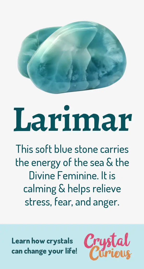 Larimar Meaning & Healing Properties. This soft blue stone carries the energy of the sea & the Divine Feminine. It is calming & helps relieve stress, fear, and anger. Learn  crystal healing for beginners & all the gemstones properties at CrystalCurious.com. Positive energy, chakra healing, vibrational energy, stone meanings, crystal therapy. #newage #crystalhealing #positiveenergy #crystals #gemstones #energyhealing #crystalcurious