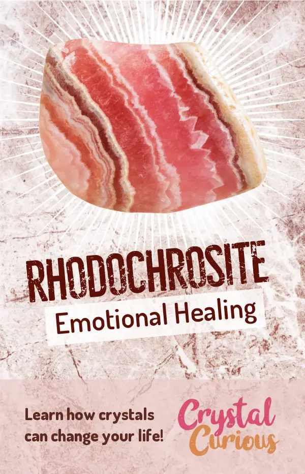 Rhodochrosite Meaning & Healing Properties. Rhodochrosite is a stone of self-love that supports emotional healing from wounds from childhood or past lives. Learn  crystal healing for beginners & all the gemstones properties at CrystalCurious.com. Find your energy muse & crystal companion for healing & positive energy. #newage #crystalhealing #positiveenergy #crystals #gemstones #energyhealing #crystalcurious