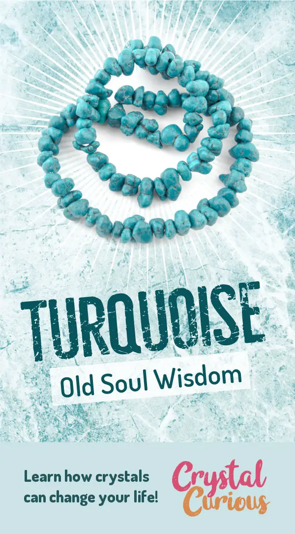 Turquoise Meaning & Healing Properties. Turquoise has the energy of an old soul. It offers a path of enlightenment through self-acceptance & integration. Learn  all the crystal & gemstone properties and crystal healing for beginners at CrystalCurious.com. Explore new age spirituality and learn crystal therapy and chakra healing. #crystals #crystalhealing #newage  #positiveenergy  #gemstones #energyhealing  #crystalcurious